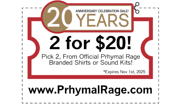 Prhymal Rage 20th anniversary sale on merch and sound kits. Officially a small boutique record label!